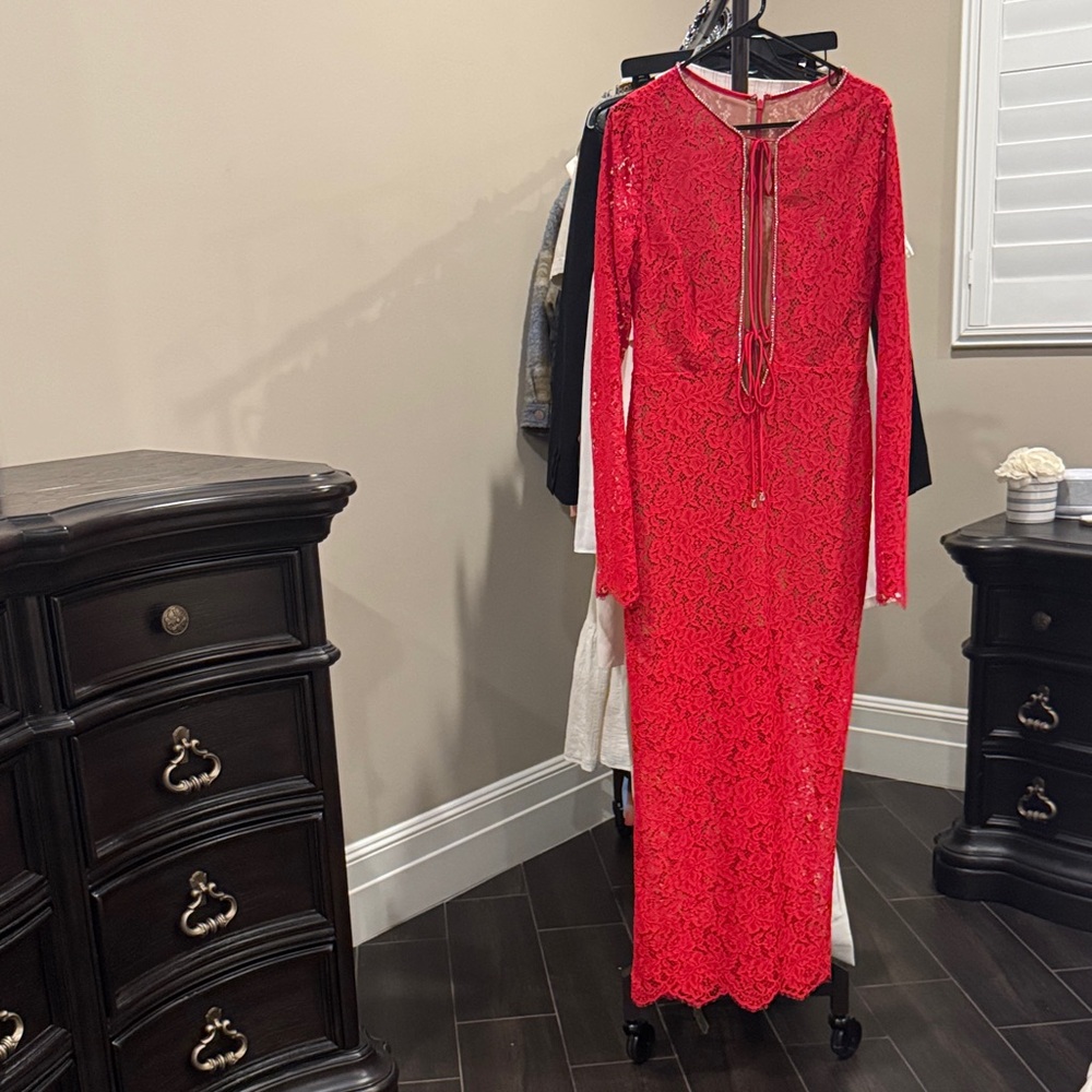 House of CB Vibrant Red Long Sleeve Lace Dress